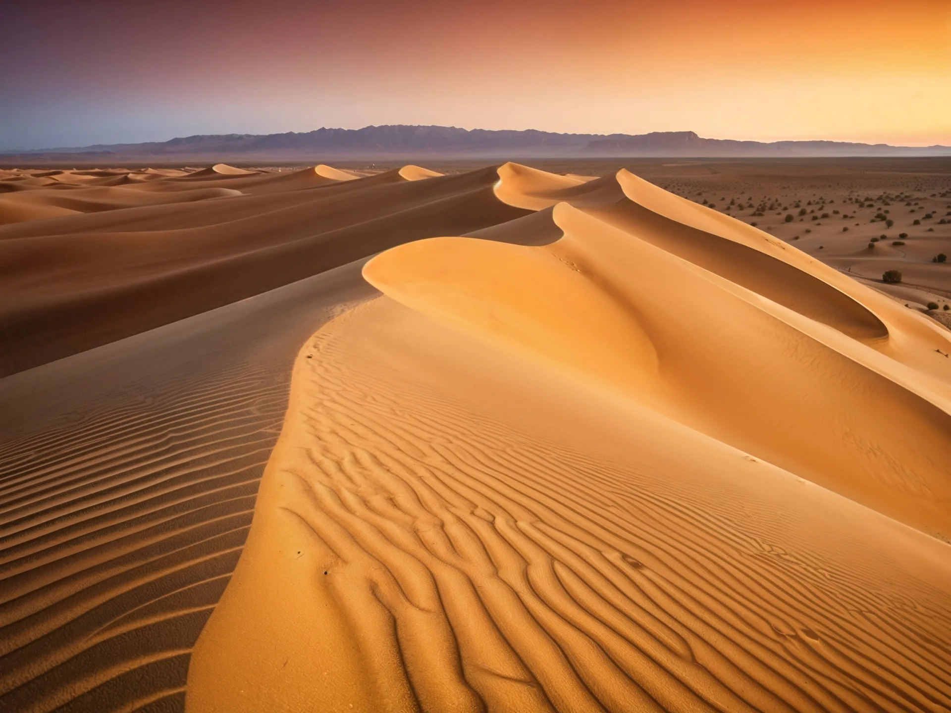 Dune di sabbia dorata con solchi e creste al tramonto, montagne lontane all'orizzonte
