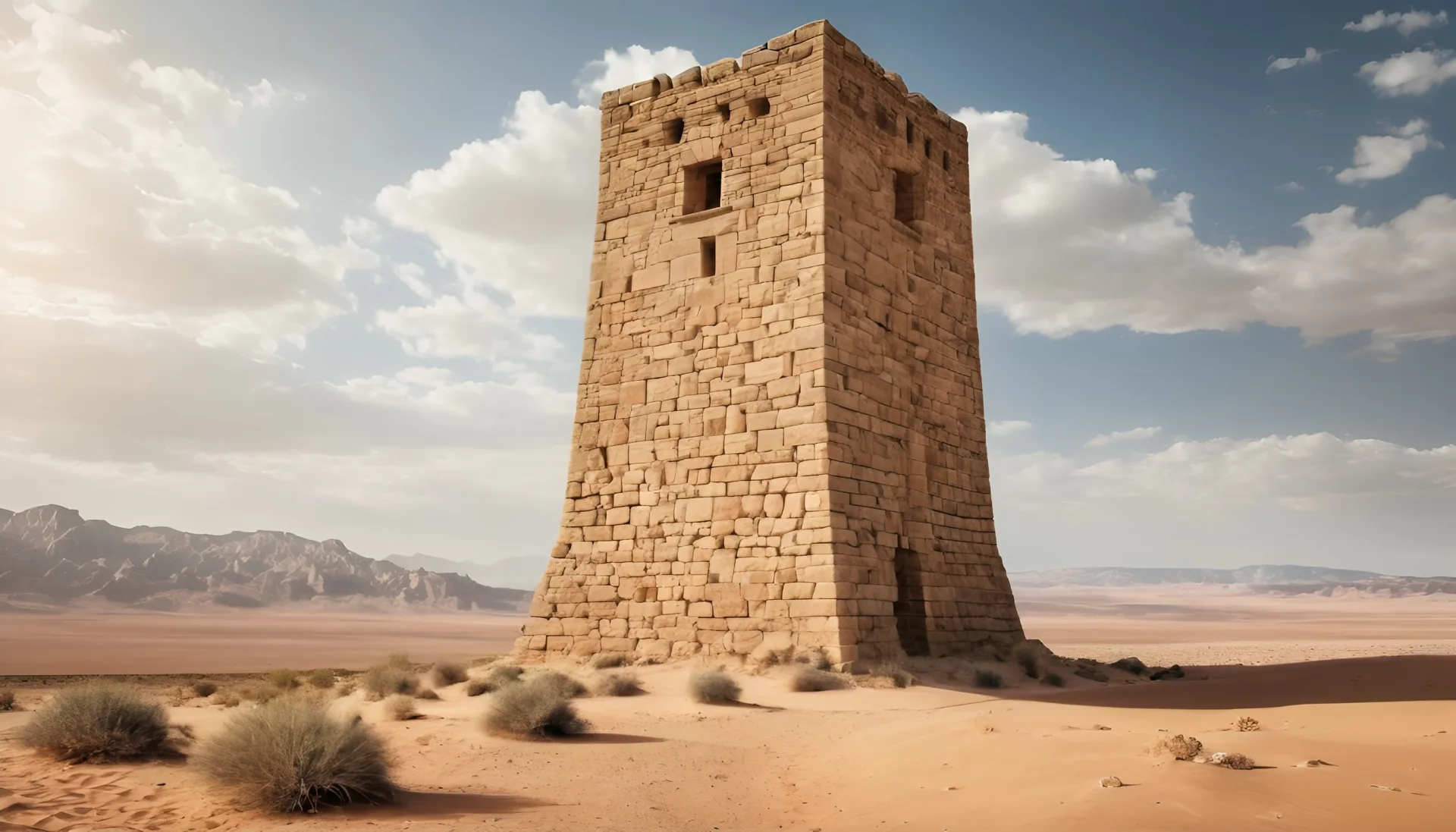 Torre di pietra isolata nel deserto con piccoli cespugli e montagne sullo sfondo sotto un cielo nuvoloso