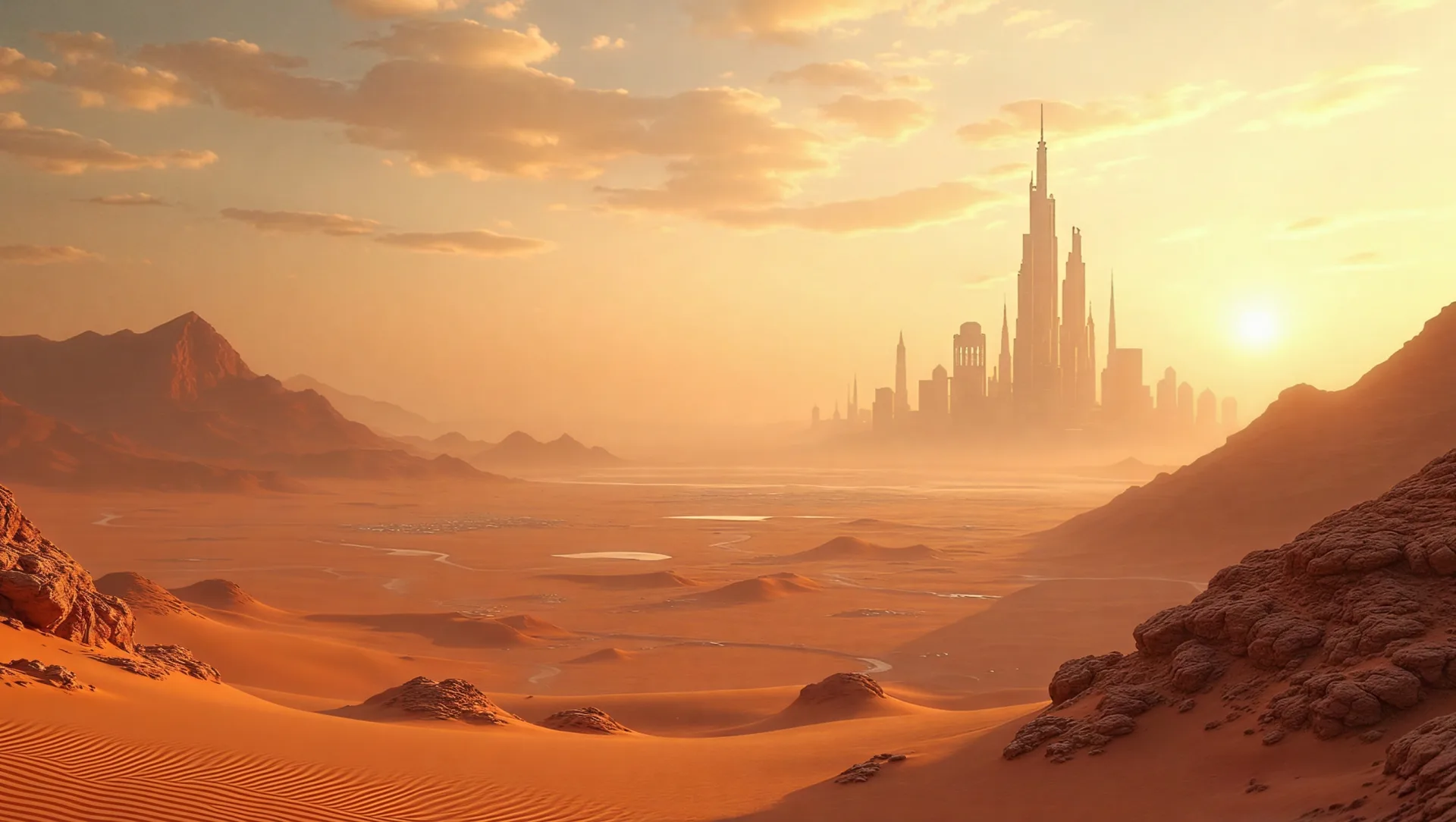 Deserto arancione con dune e rocce in primo piano e una città futuristica dai grattacieli lontana al tramonto