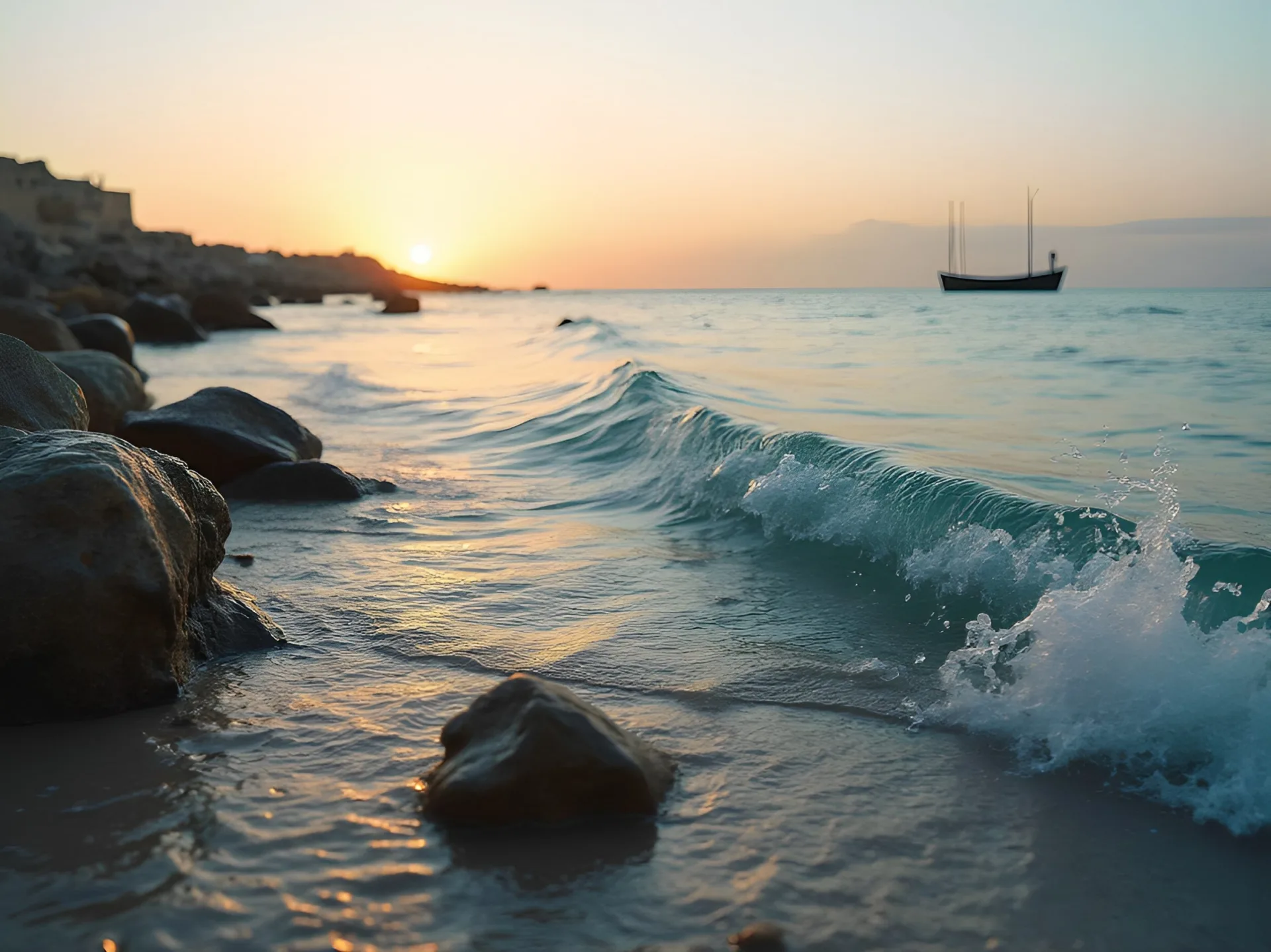 Scogliera e spiaggia rocciosa al tramonto con onde leggere che lambiscono la riva e una barca all'orizzonte