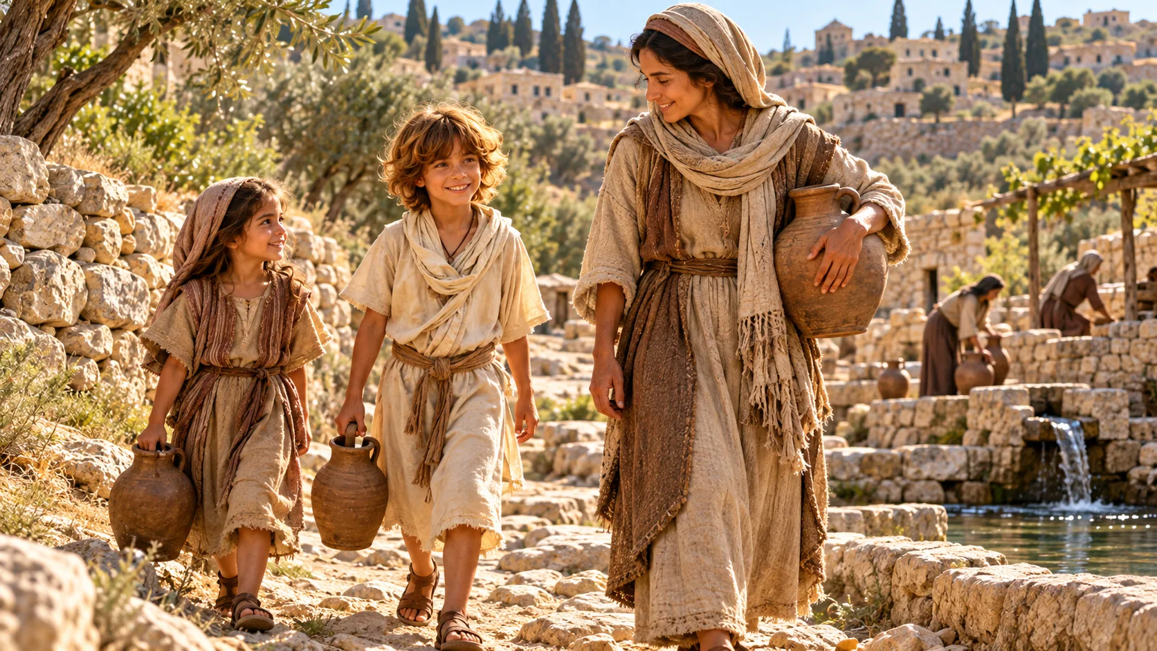 Donna e due bambini che portano anfore di terracotta su un sentiero di pietra vicino a una fonte in un villaggio
